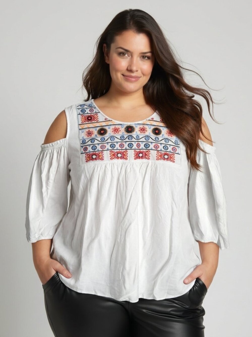 Signature Studio White Peasant Embroidery Cold Shoulder Keyhole Back Button Top